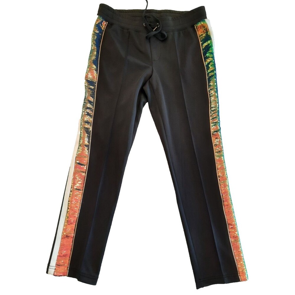 PAM & GELA Black Pants metallic sequins sparkle side stripe Gold Green Small